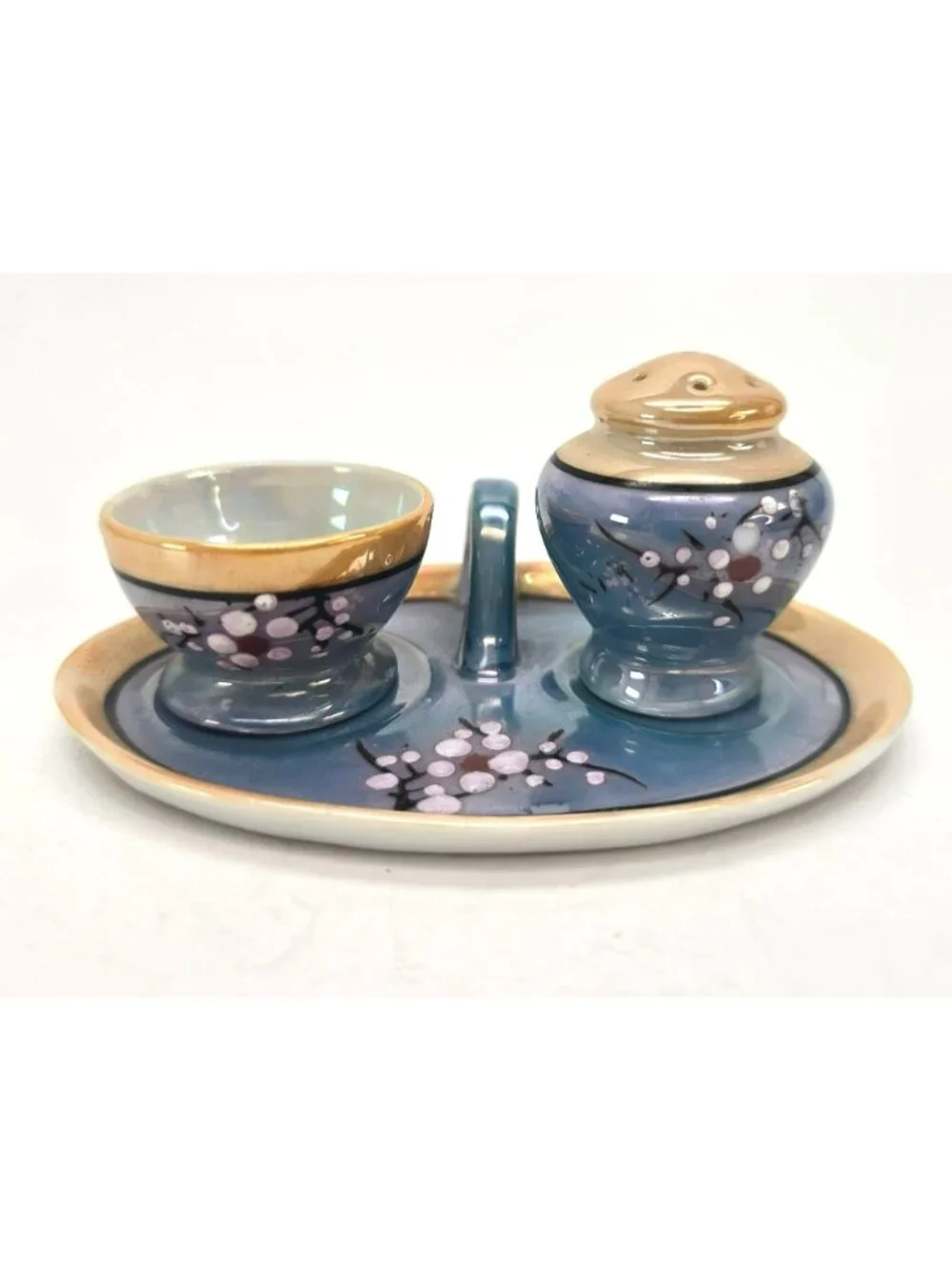 Vintage Lusterware Egg Coddler & Salt Shaker Set With Tray Blue Peach je160